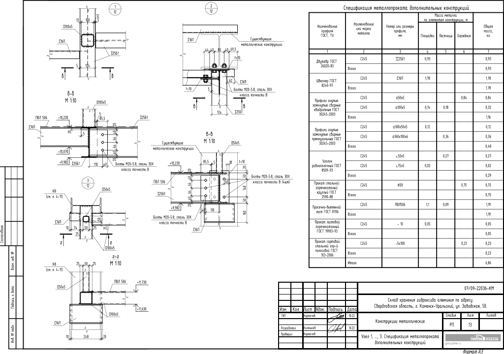 Конструкции металлические - Узел 1,...,3 Спецификация металлопроката дополнительных конструкций